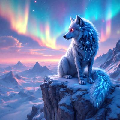 Primary subject: A wolf with blue fur and a blue tail, sitting on a rock.

Setting/background: The wolf is sitting on a rock in a snowy environment, with a mountain in the background.

Visual style: The image is a digital art or illustration of a wolf.

Colors and mood: The wolf has blue fur and a blue tail, giving it a unique and striking appearance. The snowy environment and the mountain in the background create a cold and serene atmosphere.